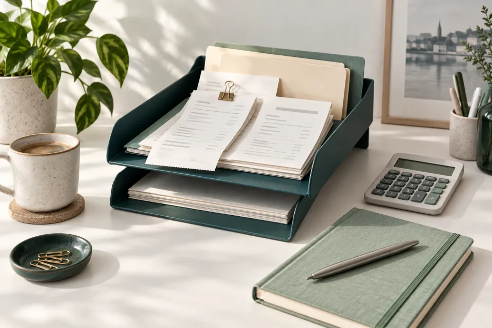 An original illustration of organised receipts, a teal document tray and a sage notebook.